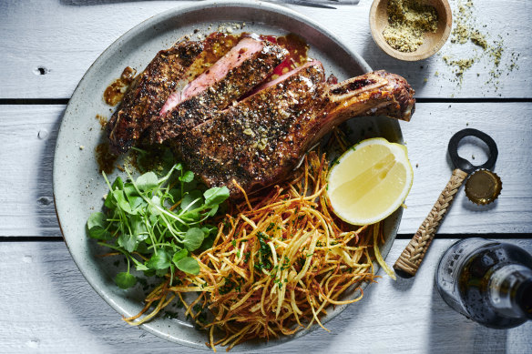 Coffee-rubbed rib-eye with straw fries.