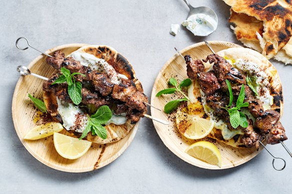 Sticky orange and sumac lamb skewers with pickled cucumber tzatziki.