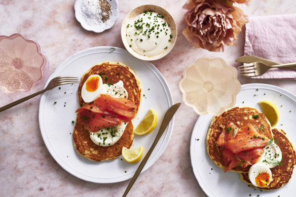 Julia Busuttil Nishimura’s chive pancakes with smoked salmon and creme fraiche