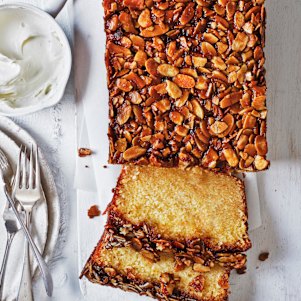 Adam Liaw’s Swedish almond loaf is finished with a moreish butterscotch almond topping.