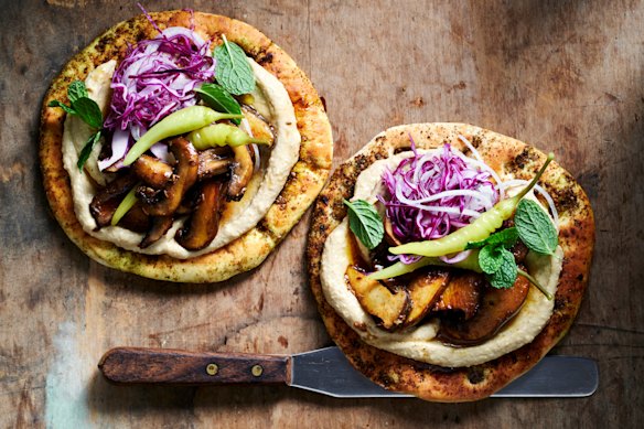 These mushroom pitas have the flavours of shawarma, minus the shaved meat.