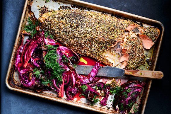 Dukkah-crusted salmon with sweet and sour braised red cabbage.