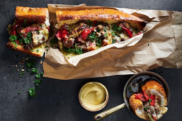 Crusty, cheesy and dripping with jus, this French dip steak sandwich comes together in 20 minutes.