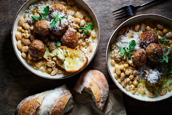 Creamy braised beans with lamb meatballs uses mostly pantry ingredients.