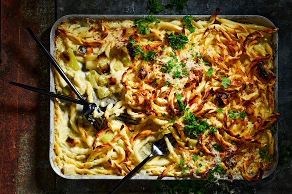 Jessica Brook's creamy four-cheese pasta with sweet leeks and crispy bits.