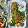 Baked salmon with a pine nut, herb and chilli crust, served with dill and caper sauce.
