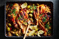 Sticky pomegranate and cous cous chicken tray bake.