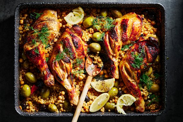 Sticky pomegranate and cous cous chicken tray bake.