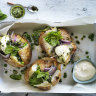 Jill Dupleix's baked potatoes with peas and rough pesto.