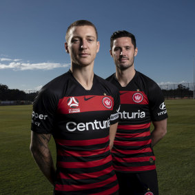Mitchell Duke and recruit Dylan McGowan, who will be Western Sydney's vice-captain this season.