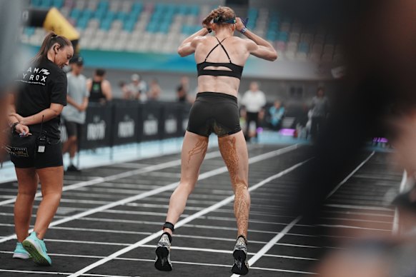 Code brown: Australian HYROX athlete Joanna Wietrzyk continues to compete after a bathroom accident.