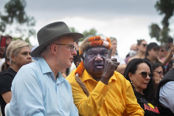 Yunupingu with Prime Minister Anthony Albanese at the Garma Festival in 2022.