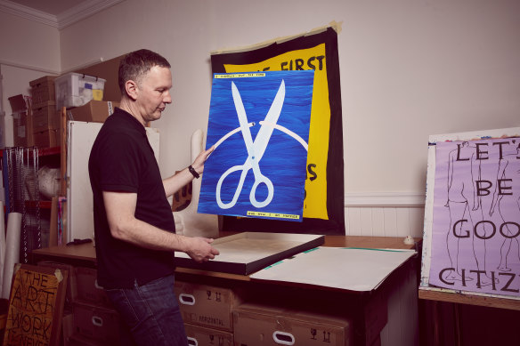 Artist David Shrigley in his studio in Brighton, England.