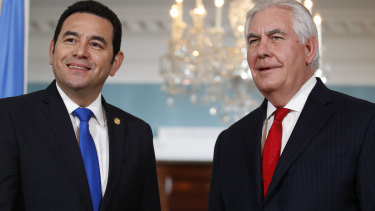 US Secretary of State Rex Tillerson  with Guatemalan President Jimmy Morales at the State Department in Washington in February.