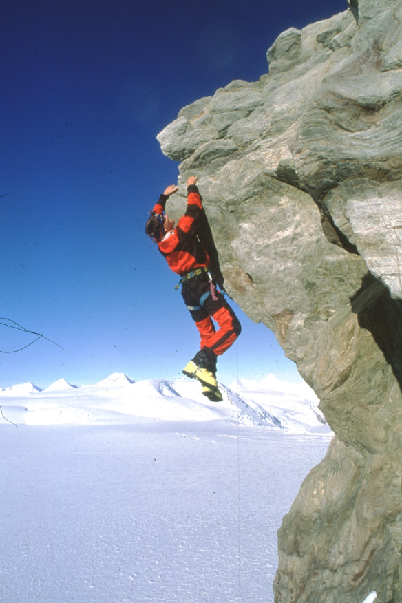 Alex Lowe hanging from a cliff edge in Antarctica the year before his death: his strength and stamina had earned him the nicknames “the Mutant” and “Lungs with Legs”.