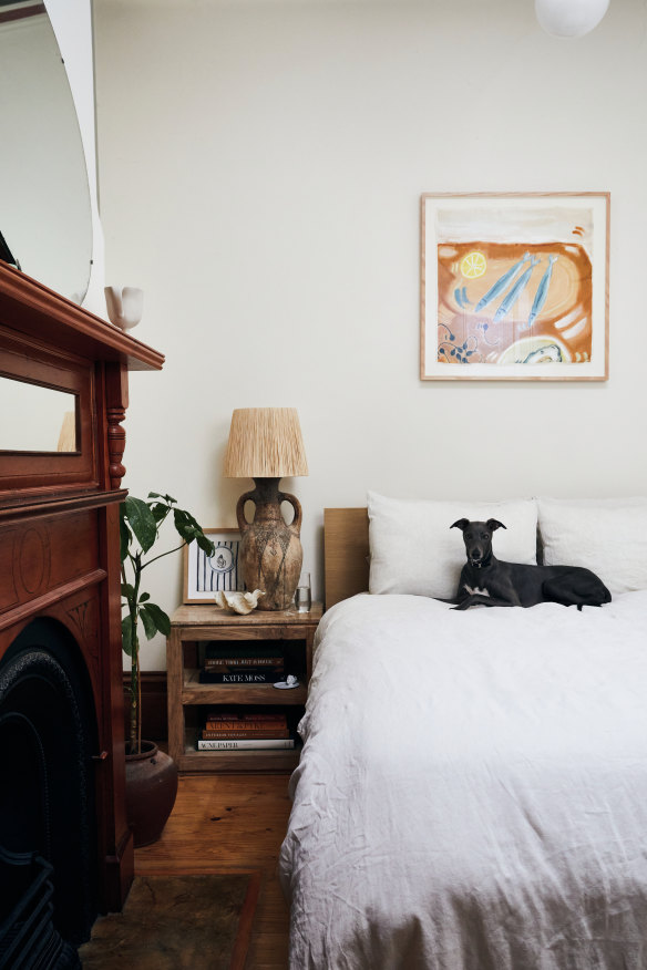 “Unsurprisingly, we want the bedroom to feel peaceful and tranquil – a total retreat,” says Ashford. The artwork above the bed is by Gabrielle Penfold. 