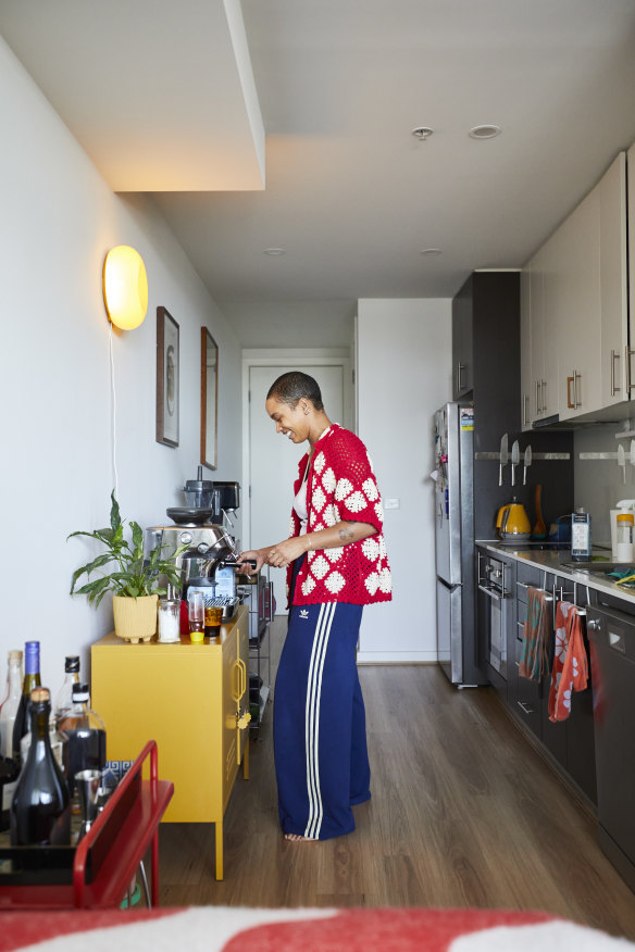 “I bought the yellow locker from Mustard Made when I still lived in a share house,” says St Clair. “It’s moved all over Melbourne with me.”  The wall lamp’s from IKEA.