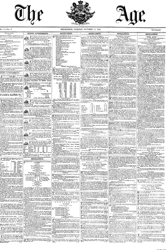 The Age’s first front page, published on October 17, 1854. The paper’s first editorial is at the top of the rightmost column.