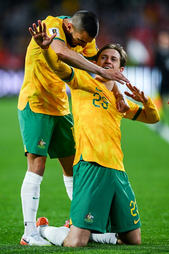 Craig Goodwin celebrates the Socceroos’ second goal against China.