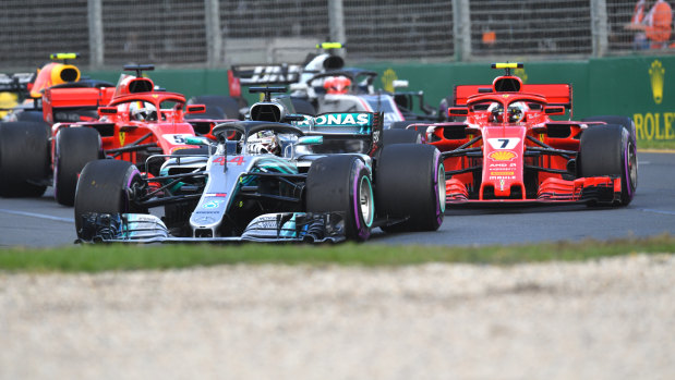 Lewis Hamilton leads at the start of the Australian Grand Prix.