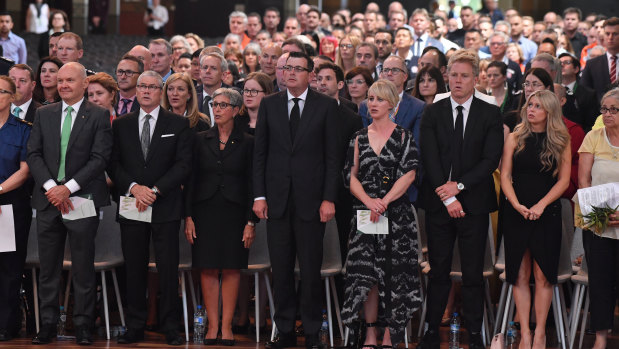 The state memorial service was held in front of family, dignitaries, emergency services and members of the public at the Royal Exhibition Building.