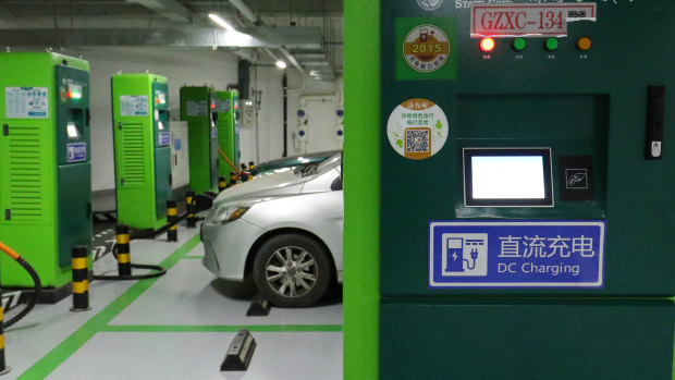 A public charging station on Qianmen Street in Beijing.