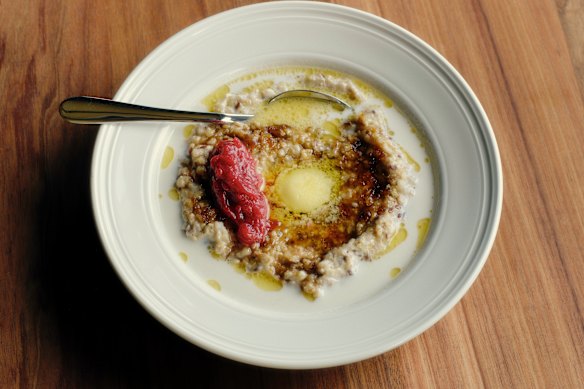 Oat, rye and buckwheat porridge with poached fruit.