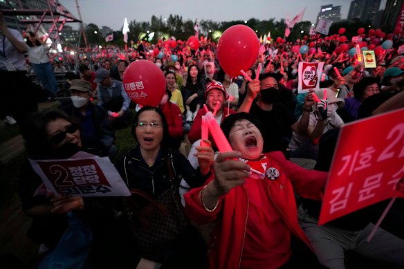 Supporters of Kim Moon Soo, presidential candidate with the People Power Party, attend his election campaign rally in Seoul, South Korea.
