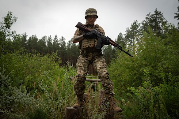 A volunteer of the woman mobile air defence group Bucha Witches practices combat training in Bucha region close to capital Kyiv, Ukraine,  The Bucha Witches group operates in Bucha region to shoot down Russian drones approaching Kyiv. 