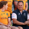 PERTH, AUSTRALIA - JULY 01:  Wallabies captain Michael Hooper and Wallabies coach Dave Rennie share a joke as they prepare for the team photograph during the Australian Wallabies captain’s run at Optus Stadium on July 01, 2022 in Perth, Australia. (Photo by Paul Kane/Getty Images)