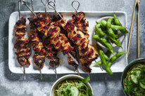 Pork belly skewers with green miso noodle salad.