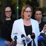 SRL Minister Harriet Shing, Premier Jacinta Allan, and Transport Infrastructure Minister Gabrielle Williams on Tuesday.