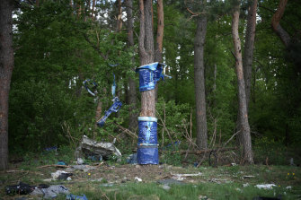 The remains of a destroyed car are wrapped around the trunks of trees by a blast in Bucha, Ukraine.