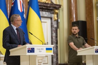 Prime Minister Anthony Albanese at a press conference with Ukrainian President Volodymyr Zelensky.