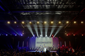 Eric Zemmour delivers his speech during his first rally in Villepinte, north of Paris. 