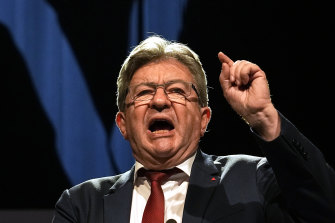 Hard-left leader Jean-Luc Melanchon delivering a speech at hizs election night head-quarters in Paris, Sunday night. 