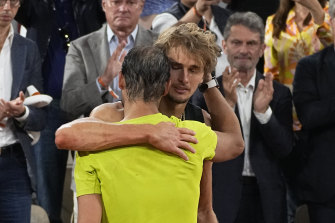 Germany’s Alexander Zverev hugs Spain’s Rafael Nadal, after their semifinal match of the French Open tennis tournament at the Roland Garros stadium on Friday.