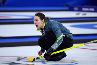Australia’s Tahli Gill, directs her team mate, during the mixed doubles curling match against Norway on Saturday February 5. 