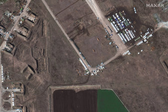 This satellite image provided by Maxar Technologies shows an overview of the tent camp and equipment at Oktyabrskoye airfield in Crimea, on Thursday, February 10, 2022.