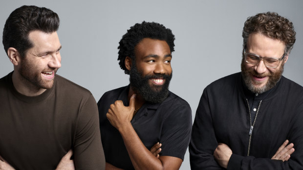 Billy Eichner (left) is the voice of Timon, Seth Rogan is Pumbaa and Donald Glover voices Simba in the latest big screen version of The Lion King.