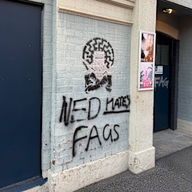 The homophobic graffiti includes the Nazi sonnenrad iconography. The same stencil was used in graffiti near the Holocaust Museum