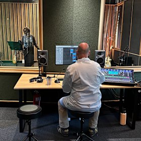 The recording studio has state-of-the-art technology to record musicians and podcasters.