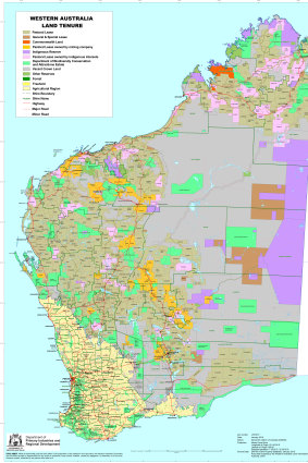 Farms and cities cover most of WA’s South West, pastoral leases span most of the Mid-West and north, while unallocated Crown land is mostly found in the state’s interior.