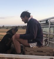 Lachlan Dewar at home on Woodyarrup merino stud with his dog, Sid.
