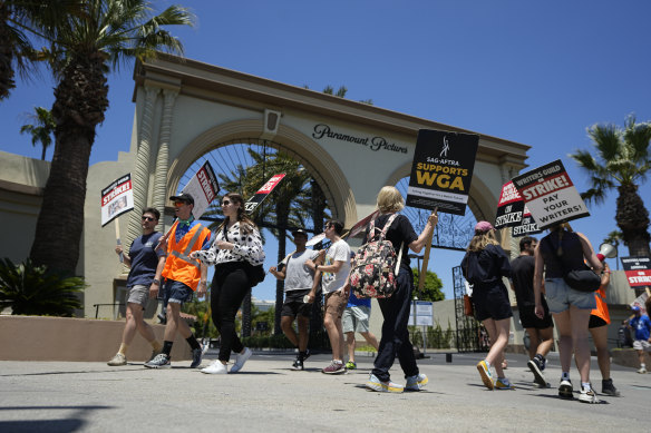 Picketers gather outside Paramount Pictures on Thursday.