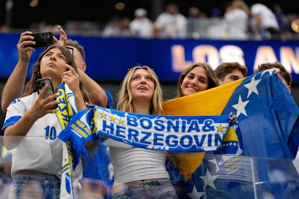Fans of Bosnia wait for the World Cup match against Switzerland in Los Angeles.