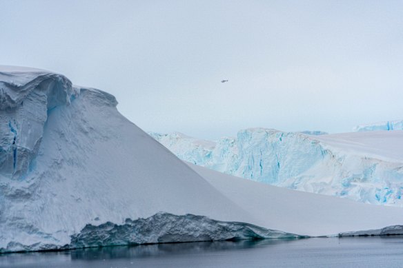 A helicopter from the Araon scouting for a possible camping place on the Thwaites ice shelf in January 2026.