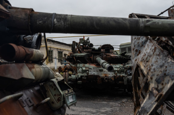 Russian military vehicles that were destroyed during fighting to recapture the strategic eastern town of Lyman.