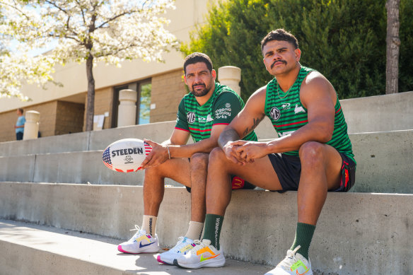 Cody Walker and Latrell Mitchell in San Diego promoting the opening round in Las Vegas.