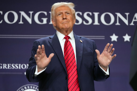 Donald Trump speaks at the 2025 House Republican members conference dinner in Florida.